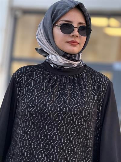 Yaka Büzgülü Simli Penye Büyük Beden Elbise Siyah OTW2200