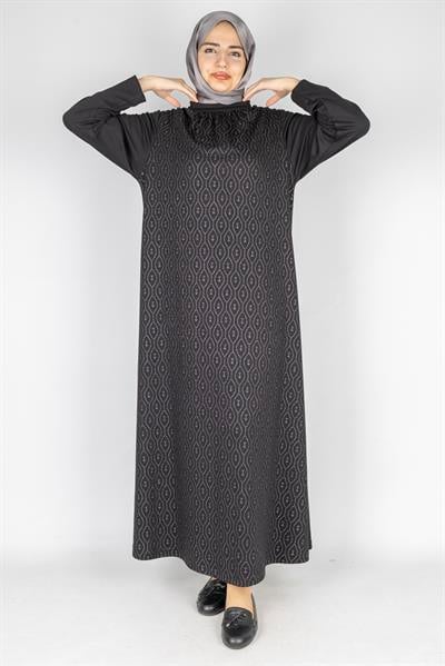 Yaka Büzgülü Simli Penye Büyük Beden Elbise Siyah OTW2200