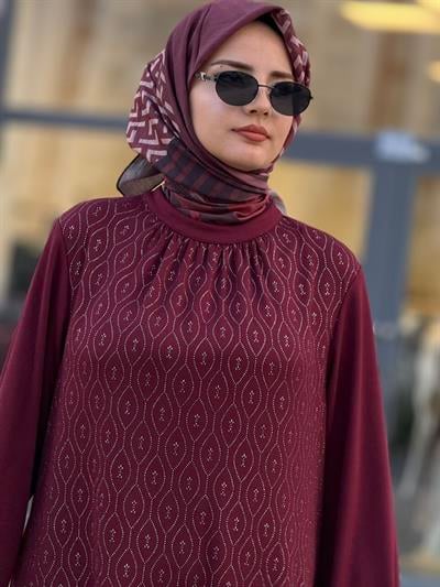 Yaka Büzgülü Simli Penye Büyük Beden Elbise Bordo OTW2200