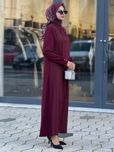 Yaka Büzgülü Simli Penye Büyük Beden Elbise Bordo OTW2200