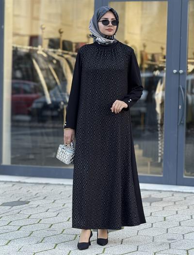 Yaka Büzgülü Simli Penye Büyük Beden Elbise Siyah OTW2200