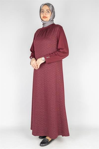 Yaka Büzgülü Simli Penye Büyük Beden Elbise Bordo OTW2200