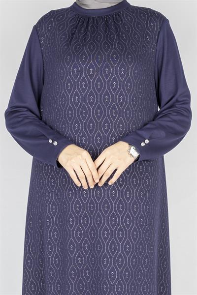 Yaka Büzgülü Simli Penye Büyük Beden Elbise Lacivert OTW2200