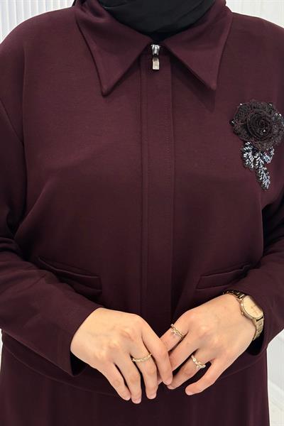 Yaka Detaylı Büyük Beden Tesettür Etekli Takım Bordo OTW328