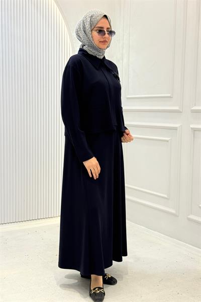 Yaka Detaylı Büyük Beden Tesettür Etekli Takım Lacivert OTW328