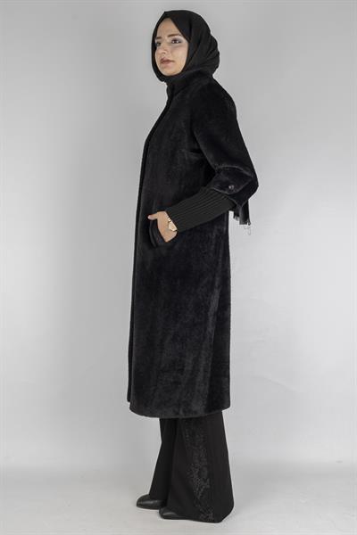 Yaka Düğmeli Angora Kaban Siyah OTW1252