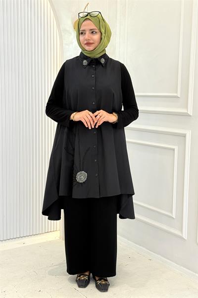 Yaka Taş Detaylı Büyük Beden Tesettür Yelek Siyah OTW1850