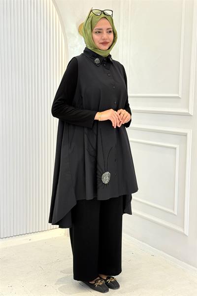 Yaka Taş Detaylı Büyük Beden Tesettür Yelek Siyah OTW1850