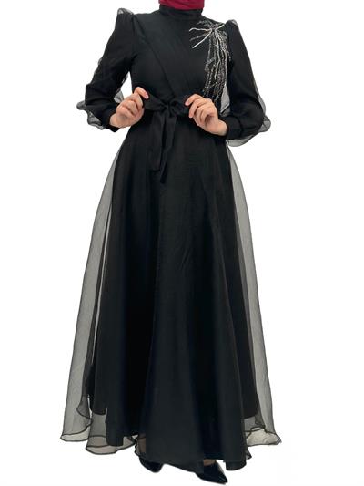 Yakası İşlemeli Abiye Elbise Siyah OTW4355