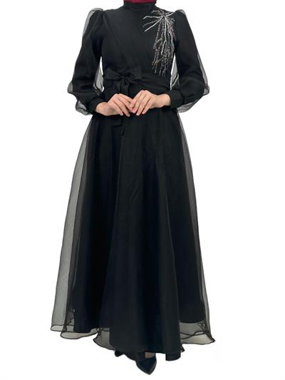 Yakası İşlemeli Abiye Elbise Siyah OTW4355