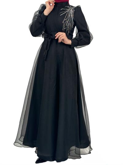 Yakası İşlemeli Abiye Elbise Siyah OTW4355