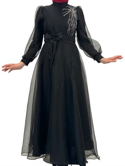 Yakası İşlemeli Abiye Elbise Siyah OTW4355