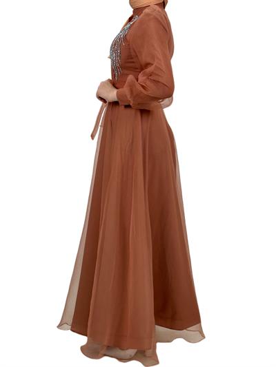 Yakası İşlemeli Abiye Elbise Somon OTW4355