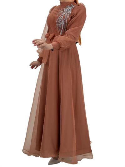 Yakası İşlemeli Abiye Elbise Somon OTW4355