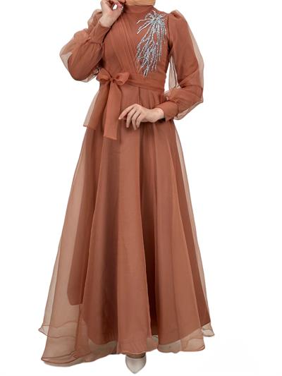 Yakası İşlemeli Abiye Elbise Somon OTW4355