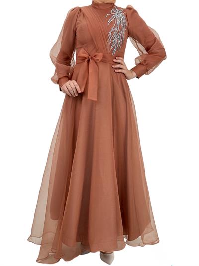 Yakası İşlemeli Abiye Elbise Somon OTW4355