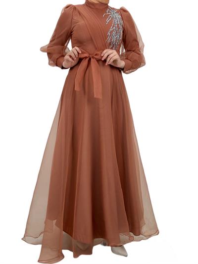 Yakası İşlemeli Abiye Elbise Somon OTW4355