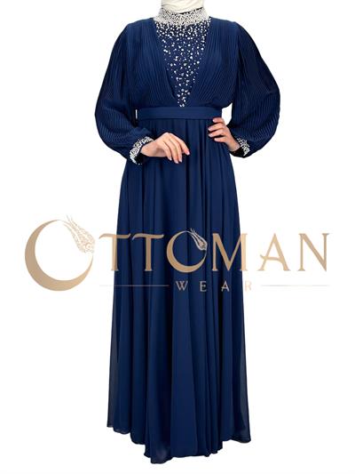 Yakası Taşlı Abiye Elbise Lacivert OTW4620
