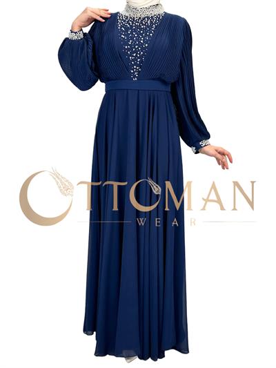 Yakası Taşlı Abiye Elbise Lacivert OTW4620