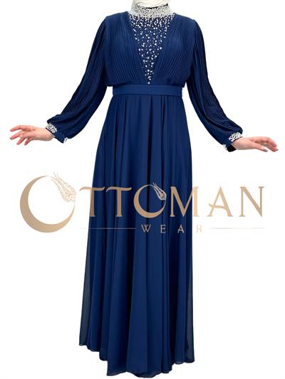 Yakası Taşlı Abiye Elbise Lacivert OTW4620