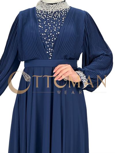 Yakası Taşlı Abiye Elbise Lacivert OTW4620