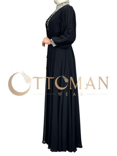 Yakası Taşlı Abiye Elbise Siyah OTW4620