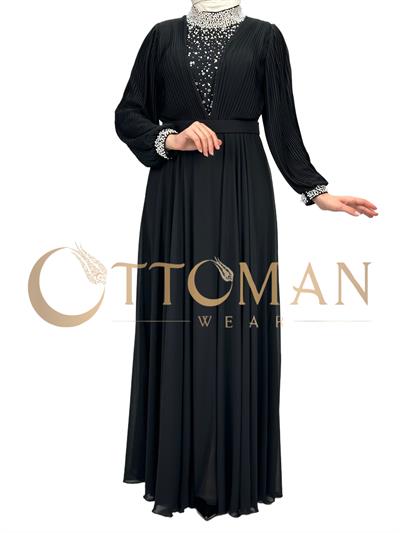 Yakası Taşlı Abiye Elbise Siyah OTW4620