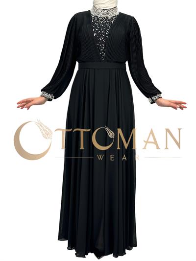 Yakası Taşlı Abiye Elbise Siyah OTW4620