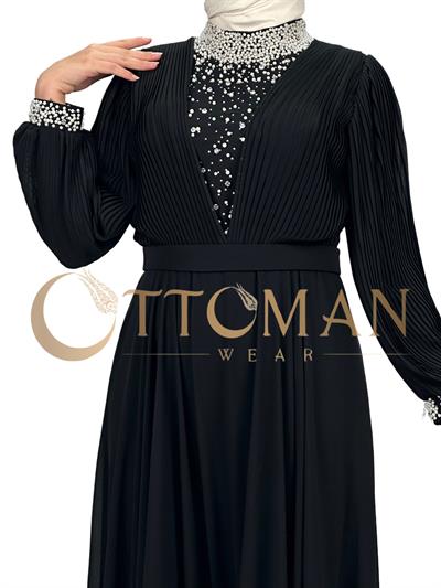 Yakası Taşlı Abiye Elbise Siyah OTW4620