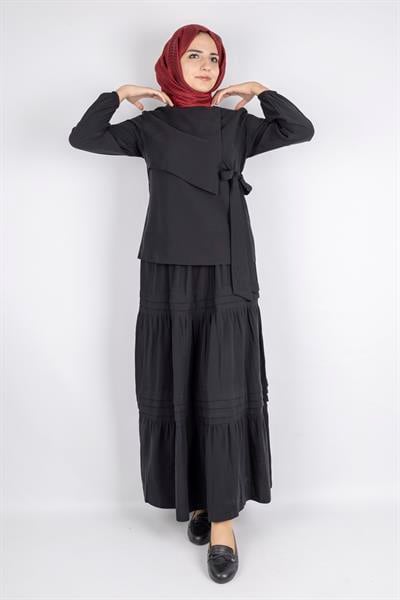 Yan Bağlamalı Üst ve Volanlı Etek İkili Takım Siyah OTW8538