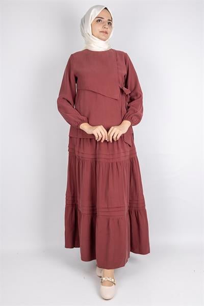 Yan Bağlamalı Üst ve Volanlı Etek İkili Takım Bordo OTW8538