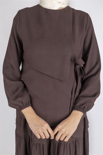 Yan Bağlamalı Üst ve Volanlı Etek İkili Takım Kahve OTW8538