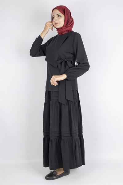 Yan Bağlamalı Üst ve Volanlı Etek İkili Takım Siyah OTW8538