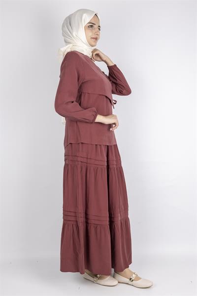 Yan Bağlamalı Üst ve Volanlı Etek İkili Takım Bordo OTW8538