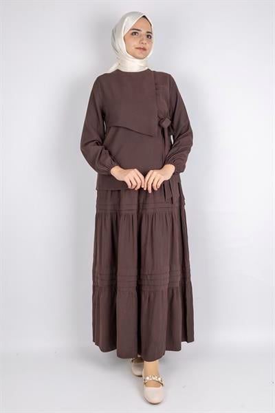 Yan Bağlamalı Üst ve Volanlı Etek İkili Takım Kahve OTW8538