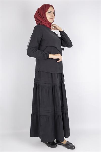 Yan Bağlamalı Üst ve Volanlı Etek İkili Takım Siyah OTW8538