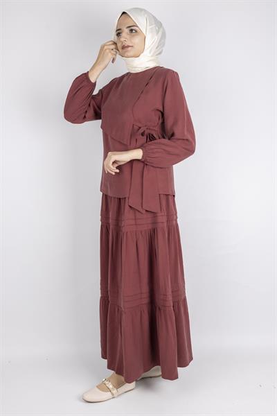 Yan Bağlamalı Üst ve Volanlı Etek İkili Takım Bordo OTW8538