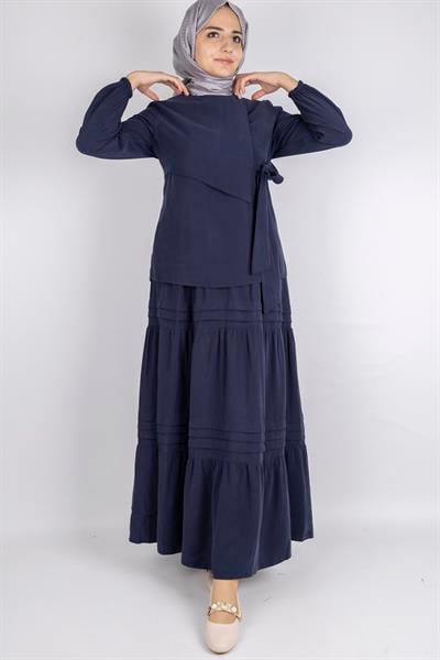 Yan Bağlamalı Üst ve Volanlı Etek İkili Takım Lacivert OTW8538