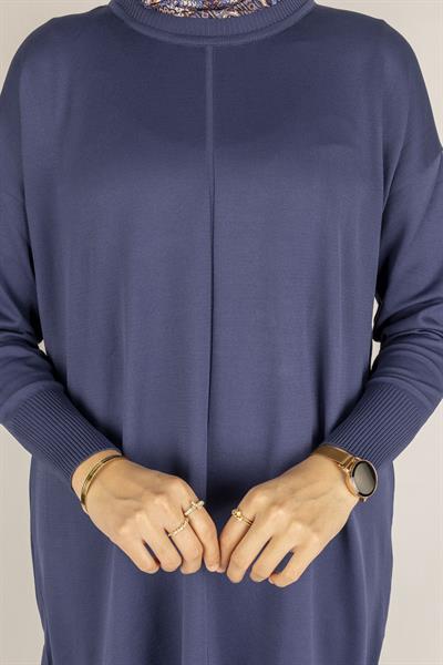 Yan Fermuar Detaylı Merserize Tunik İndigo OTW1034