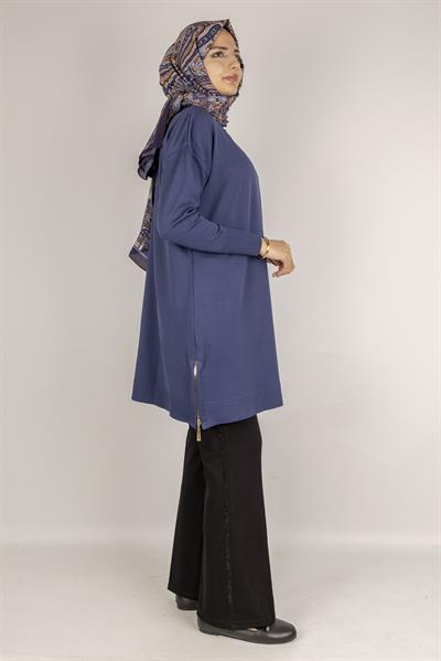 Yan Fermuar Detaylı Merserize Tunik İndigo OTW1034
