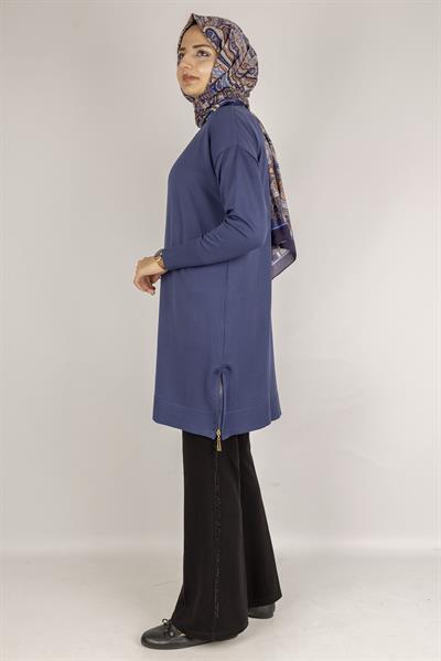 Yan Fermuar Detaylı Merserize Tunik İndigo OTW1034