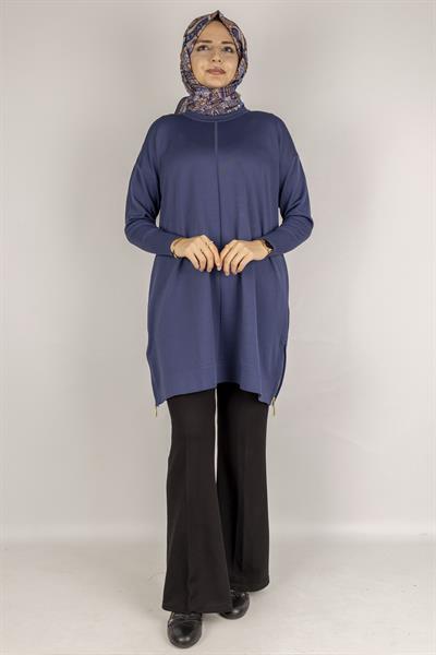Yan Fermuar Detaylı Merserize Tunik İndigo OTW1034