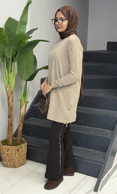Yan Fermuar Detaylı Merserize Tunik Taş OTW1034