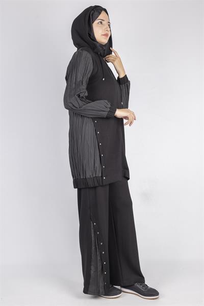 Yanları Taş Aksesuarlı Spor Tesettür Takım Siyah OTW2622