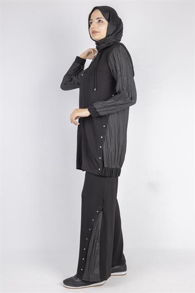 Yanları Taş Aksesuarlı Spor Tesettür Takım Siyah OTW2622