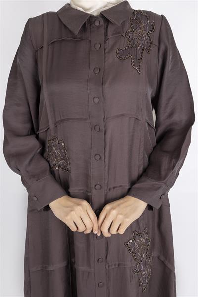 Yaprak Motifli Boncuklu Elbise Kahve OTW6001