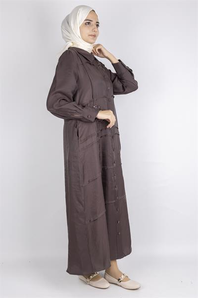 Yaprak Motifli Boncuklu Elbise Kahve OTW6001