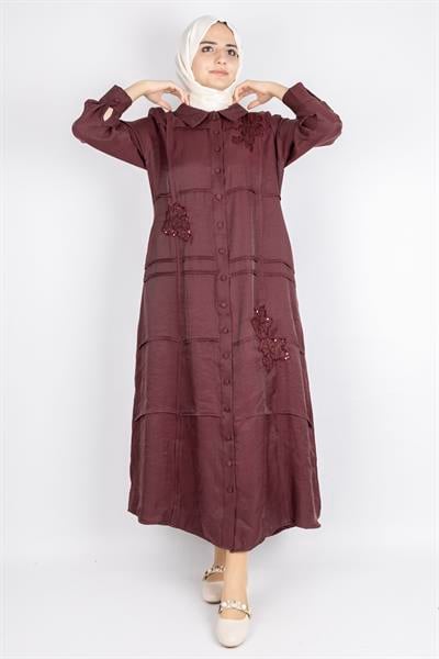 Yaprak Motifli Boncuklu Elbise Kırmızı OTW6001