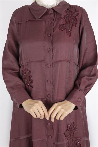 Yaprak Motifli Boncuklu Elbise Kırmızı OTW6001