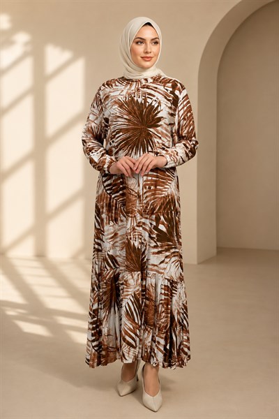 Yapraklı Viskon Elbise Taba OTW30001